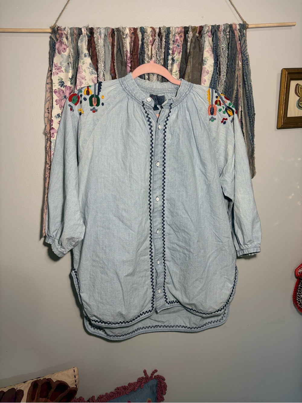 Lucky Brand denim button up top with embroidered shoulder details